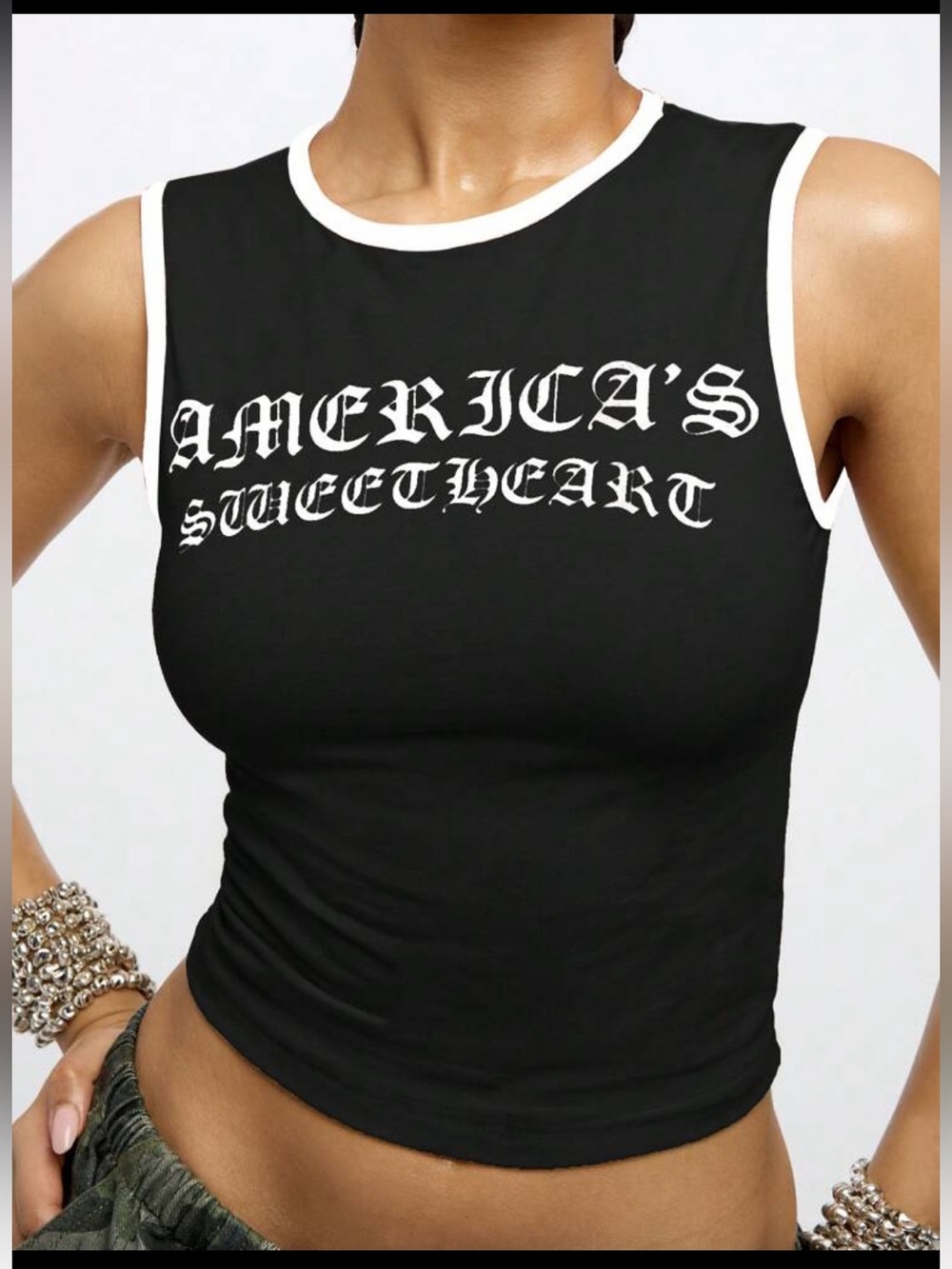 Black Sleeveless Graphic Crop Tank Top